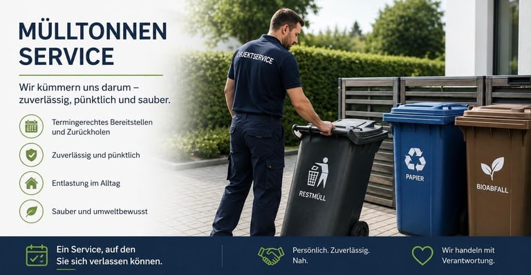 Mitarbeiter in blauer Uniform bei der Mülltonnen-Service Arbeit mit Tonnen und Service-Icons