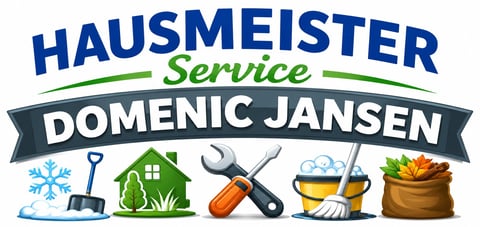 Hausmeister Service Domenic Jansen logo with service icons including cleaning, gardening, and maintenance tools