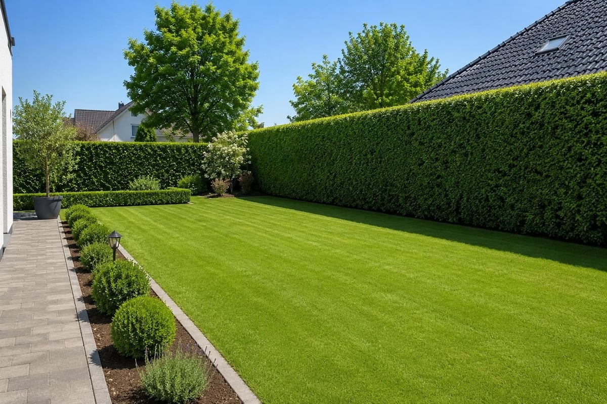 A well-maintained residential backyard with a large green lawn, bordered by manicured hedges and a paved walkway