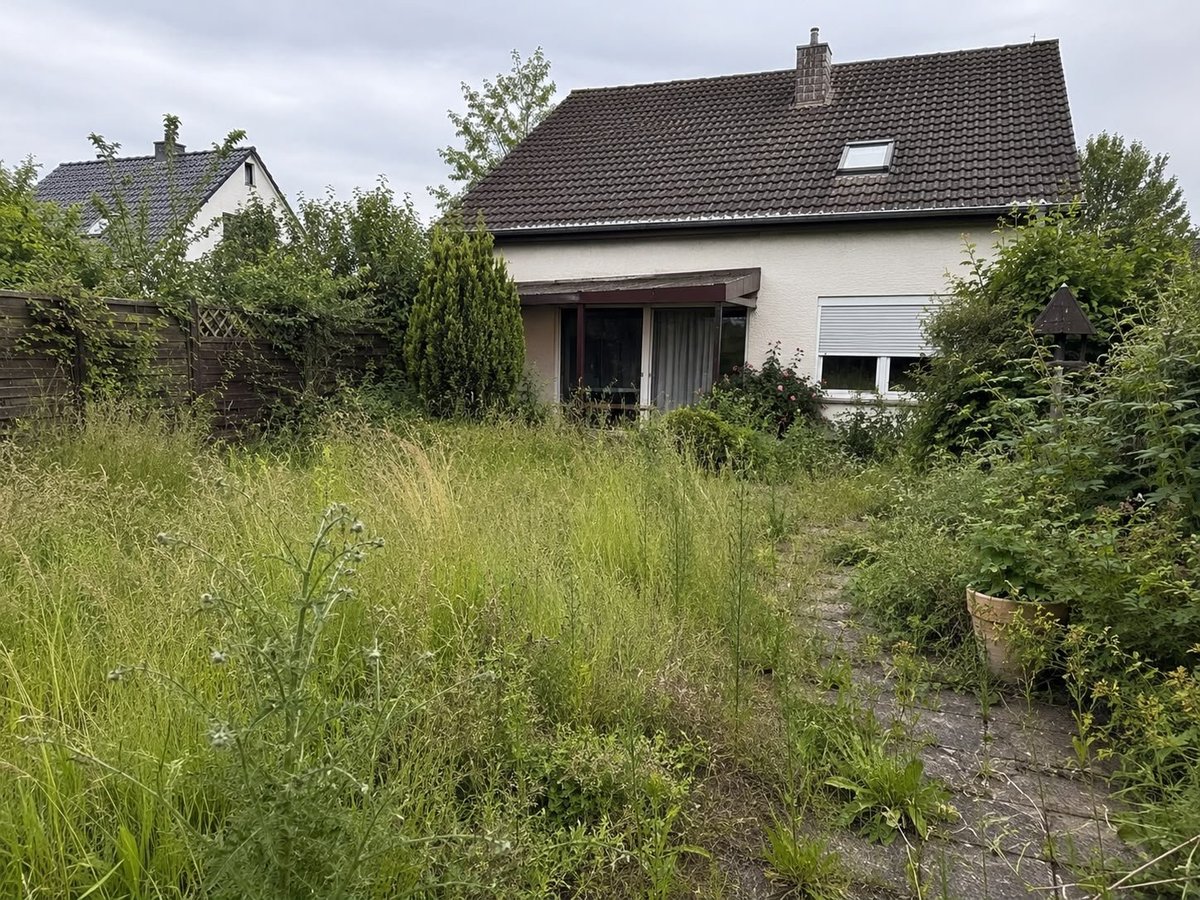 Neglected residential house with overgrown lawn and wild vegetation obscuring the front yard and pathway