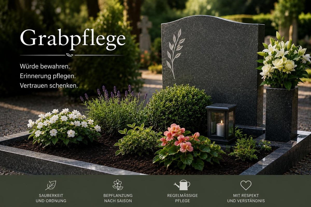 Grabstätte mit bunten Blumen und Pflanzen, Pflegeleistungen für Gräber