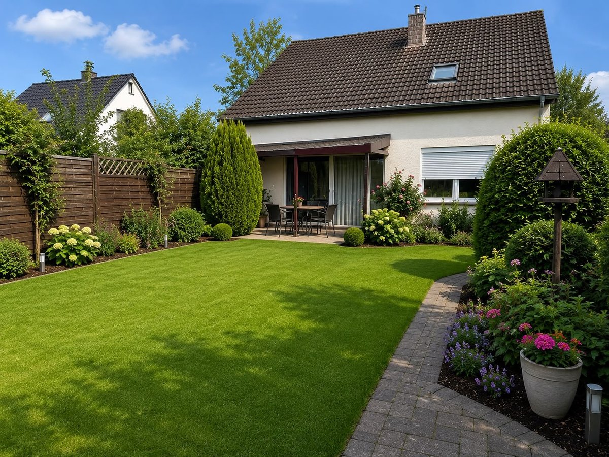 Modern house with manicured green lawn, wooden fence, flowering plants, and paved walkway on a sunny day