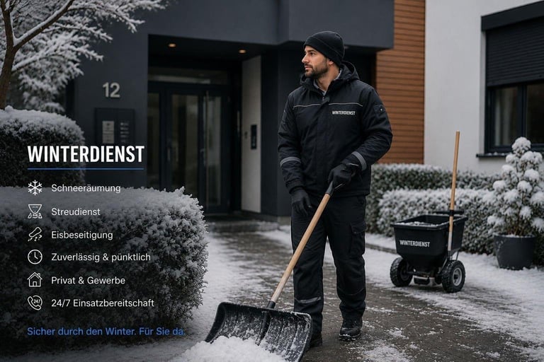 Worker in black uniform clearing snow from driveway with shovel, winter service promotional image