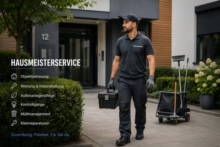 Tradesman in black uniform carrying toolbox outside modern house with service checklist overlay