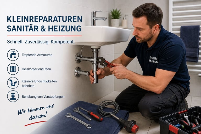 Installateur in dunkler Uniform bei Reparaturarbeiten an Rohren und sanitären Anlagen