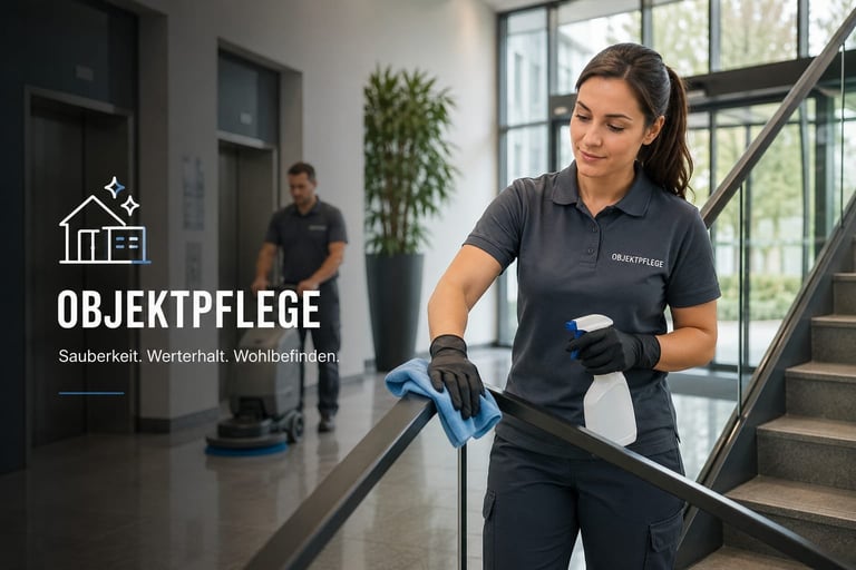 Professional cleaner in dark uniform cleaning staircase railing indoors, with colleague and plants visible in background